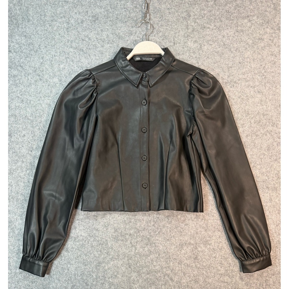 Zara Black Faux Leather Puff Sleeve Button Down Shirt Top Small